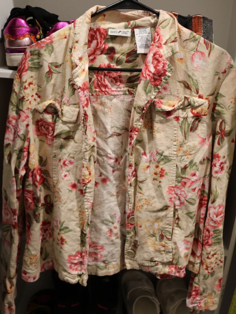 White Stag Floral Button-Front Cream and Pink Women's Shirt Jacket